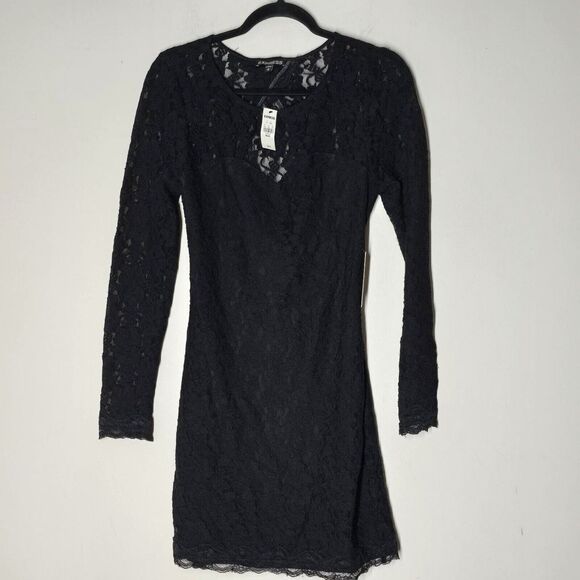 Express Dress  Stretch Round Neck Long Sleeve Cutout Back Floral Lace Vampire - Picture 1 of 8